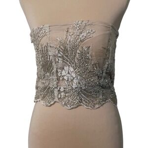 Strapless Embroidered Lace Crop Top in Beige